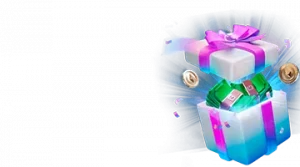 Изображение светящейся подарочной коробки, из которой вылетают деньги и монеты, рекламирующее бонус на день рождения от Leebet в ярких цветах и праздничной атмосфере.